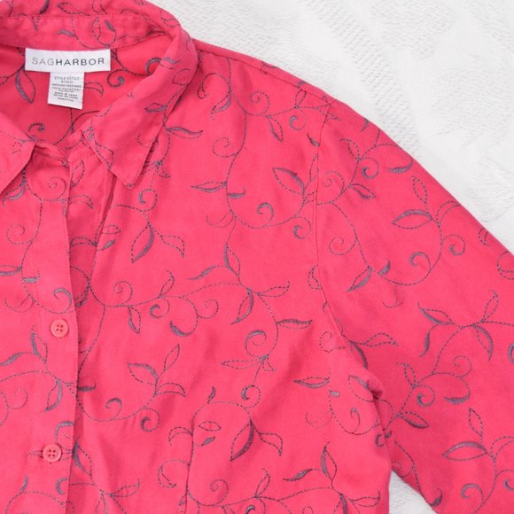 Sag Harbor Microfiber Button Jacket Collar Shirt Blouse Embroidered Hot Pink M - Picture 3 of 12